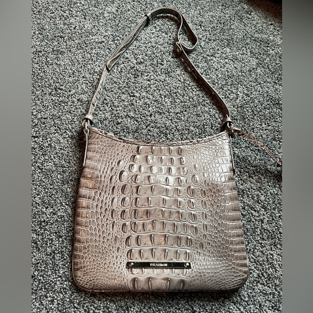 Brahmin Taupe Croc-Embossed Leather Shoulder Bag